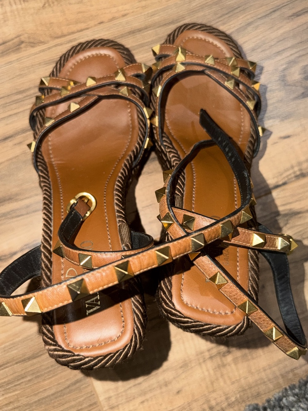 Valentino Studded Cognac Leather Strappy Women's Sandal Wedges